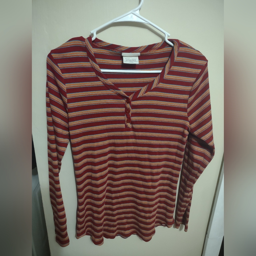 Vintage Y2K Women's Striped Henley Shirt Large Elena Gilbert Bella Swan Feminine
